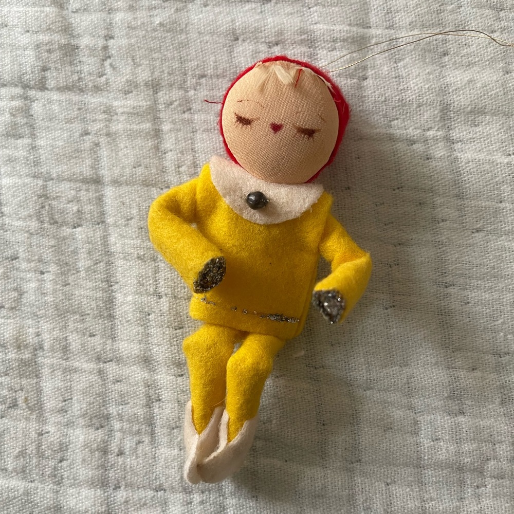 One yellow felt elf 4 inches tall made in Japan 1950s 1960s